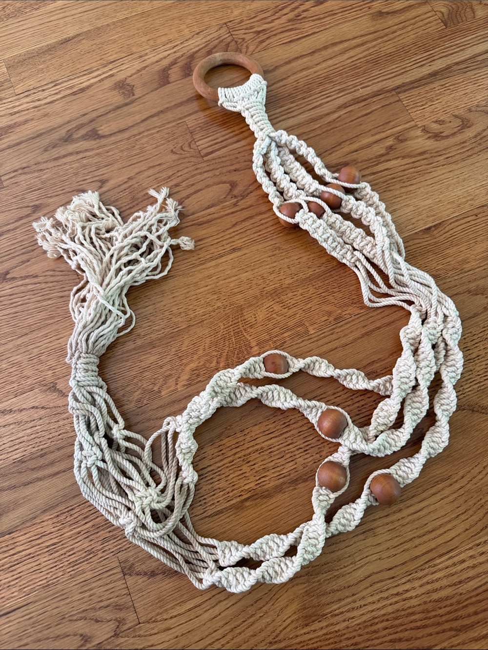 Boho macrame plant hanger with wood accents , 48”
